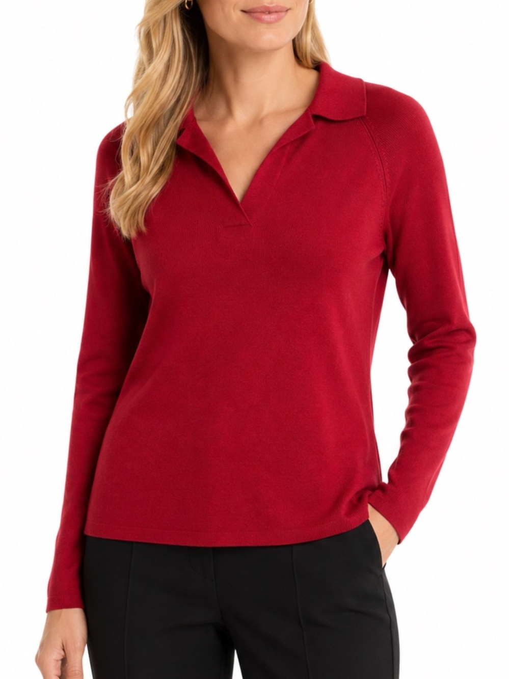 Hillard & Hanson Red Collared V Neck Long Sleeve Knit Sweater Top Size Medium